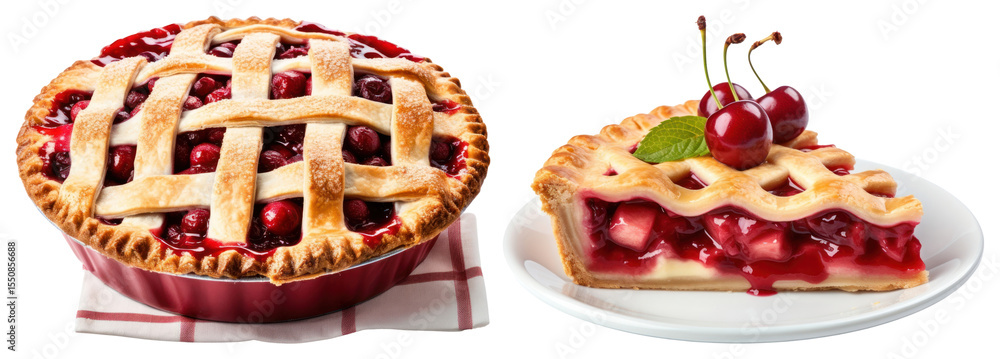 Poster png cherry pie with lattice crust and slice on a plate element set on transparent background.
