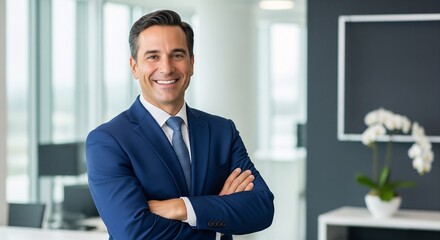 Fototapeta premium Confident Smiling Businessman in Blue Suit with Arms Crossed in a Modern Office