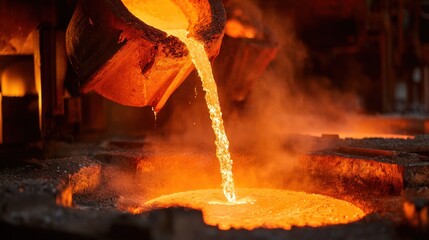 Gold refinery in industrial complex, molten gold pouring from crucible, glowing orange light, intense heat, steam and fire, high detail, industrial environment, realistic scene.