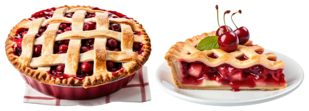 PNG Cherry pie with lattice crust and slice on a plate element set on transparent background.