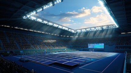 Massive indoor stadium filled with spectators watching a sport on a court lit by dramatic spotlights.