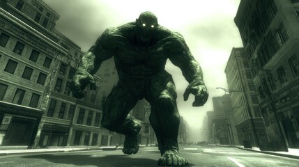 Massive, menacing creature stalks a city street, looming over buildings.