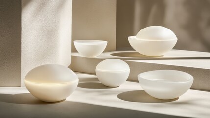 Elegant, softly sculpted, off-white bowls arranged on a light beige surface.