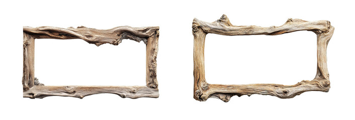 Two rustic wooden picture frames isolated on transparent background