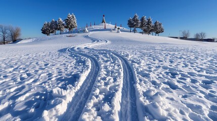 Obraz premium Snowy hilltop with sled tracks and festive decorations on the nearby trees
