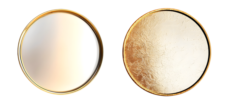 Two round decorative trays with gold frames. isolated on transparent background