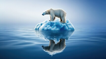 Naklejka premium A polar bear standing on a tiny melting iceberg, looking out into an endless ocean, symbolizing the effects of global warming,