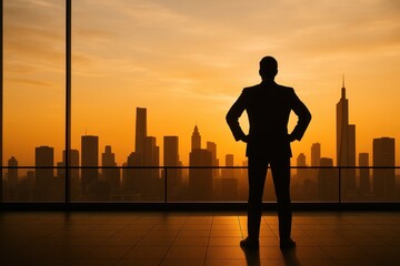 Visionary Business Leader Contemplating Urban Skyline Success with Inspiring City View and Golden Hour Lighting