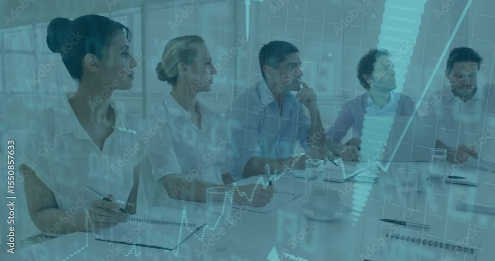 Aufkleber fourth man gesturing to illustrate finance chart overlay while colleagues nodding and jotting notes