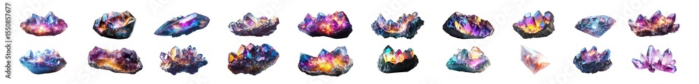 Poster collection of multicolored gemstone formations. isolated on transparent background