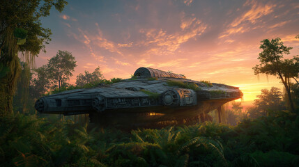 An old, abandoned spaceship overgrown with lush jungle vegetation on an alien planet, under a double sunset sky. Sci-fi photorealistic, wide shot