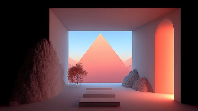 Modern interior design with pink accent geometric elements