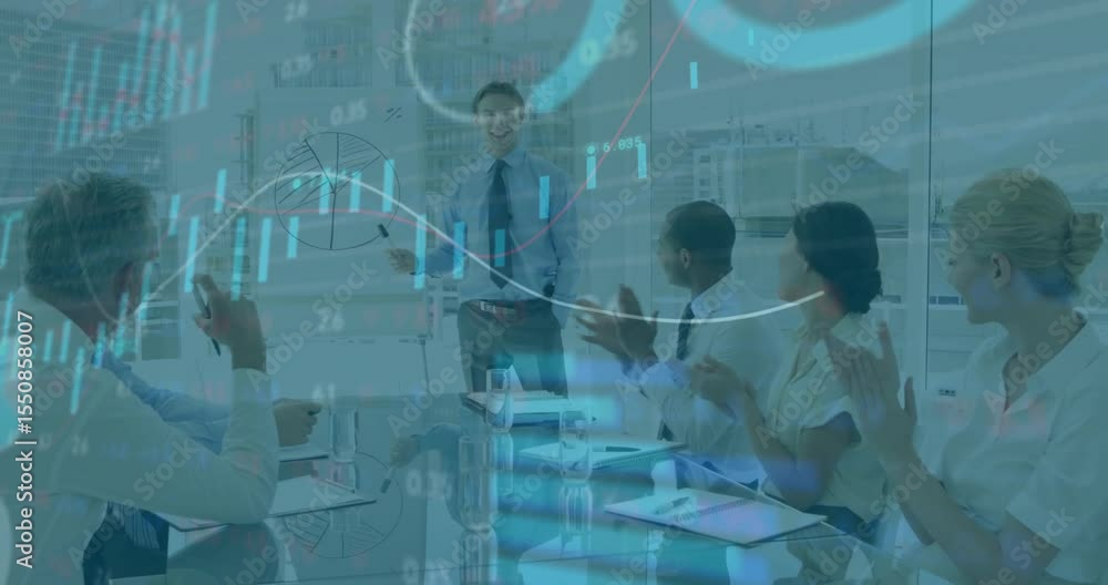 Poster man pointing pie chart and generating animated overlays in finance meeting, showing revenue growth