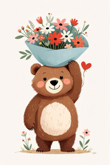 Adorable Bear Character Holding a Flower Bouquet