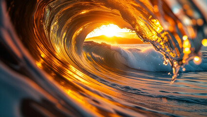 Golden Sunset Wave Crashing at the Ocean
