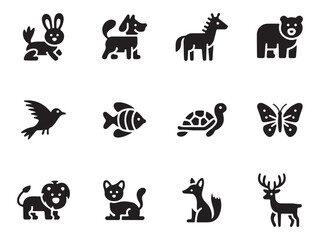 set features simple, black and white, flat icons of various animals, including a rabbit, dog, horse, bear, bird, fish, turtle, butterfly, lion, cat, fox, and deer vector art on white