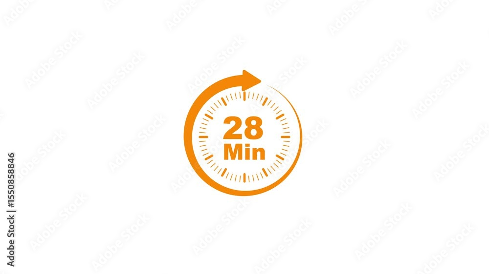 Poster animation video timer icon with 28 min. the 28 minutes, stopwatch icon. stopwatch icon in flat style