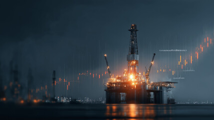 Obraz premium Oil graphing activity at offshore drilling rig urban setting digital visualization nighttime environment