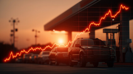 Rising oil prices graph over cars at fuel station during sunset business analysis of energy market trends