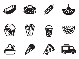 set features a collection of black and white icons representing various food items, including hot dogs, tacos, skewers, fruit slices, french fries, bubble tea, pizza, ice cream, and food trucks vector