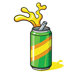 Cartoon vector illustration of a soda can with a bursting yellow liquid refreshing drink splash.