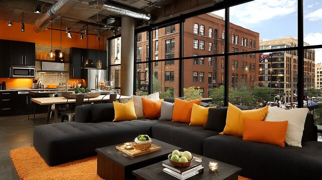 Modern restaurant interior with orange accent lighting