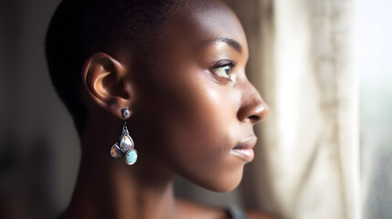 Fototapeta premium A poised Black woman with bold earrings, exuding quiet confidence and timeless elegance.