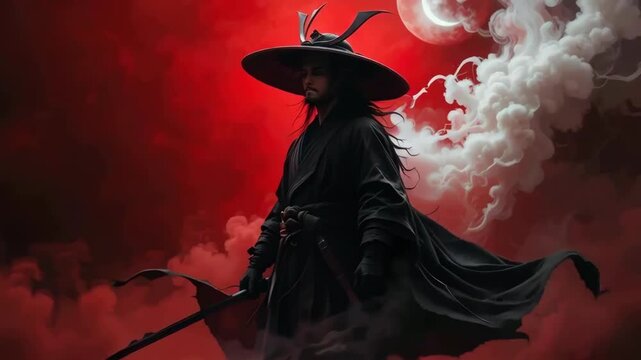 Fantasy samurai in black with red background