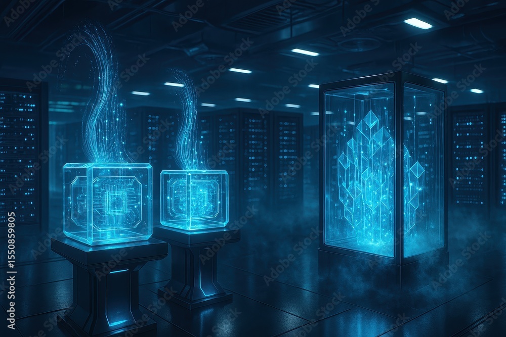 Poster quantum server room with holographic data streams and crystalline storage arrays