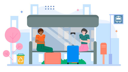 Two travelers wait patiently at a city bus stop with luggage. Suitable for travel blogs, transportation services, and urban lifestyles.