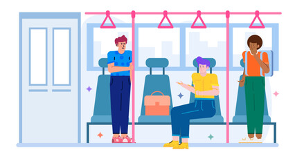 Three people ride a public transit bus. Suitable for transportation, commuting, public transportation, urban lifestyle, city living, diverse people, daily commute, passengers, traveling, mobility.