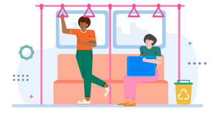 Two people on public transit with luggage and holding poles. Suitable for travel, transportation, commuting, urban lifestyle concepts.