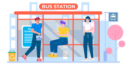 Three people waiting at a bus station. Suitable for transportation ads, travel blogs, urban lifestyle content, and public transportation concepts.