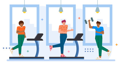 Three people at the gym on treadmills and dumbbells, perfect for fitness and gym related designs and advertising materials.
