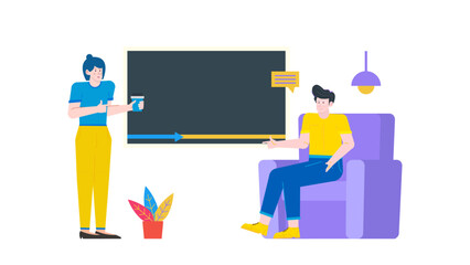 Two people presenting near a blank blackboard, suitable for business presentations, educational materials, corporate training, and teamwork concepts.