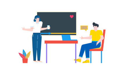 Two people presenting a project on a large digital screen. Suitable for technology presentations, business pitches, and educational materials.