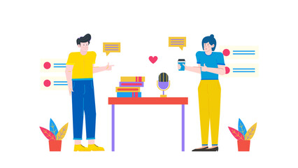 Two people near a table with a microphone and books. Ideal for podcast or educationrelated designs, presentations, and marketing materials.