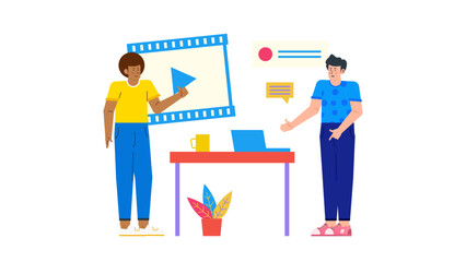 Two men providing a video demonstration on a laptop, suitable for business presentations or online meetings.