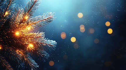 Illuminated pine branch with frosty details against a blurred winter background.