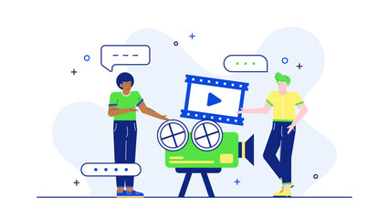 Two people near a vintage movie camera, suitable for filmmaking, cinema industry, vintage aesthetics, filmmaking classes, and retro themed projects.