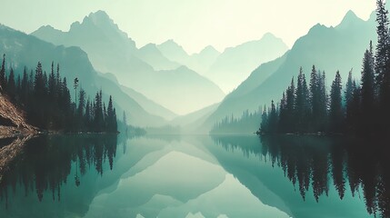 Misty forest landscape with tall evergreen trees