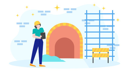 Female engineer using a tablet near scaffolding. Suitable for construction, technology, engineering, workplace, and female empowerment themes in design projects.