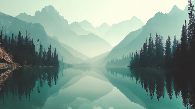 Misty forest landscape with tall evergreen trees