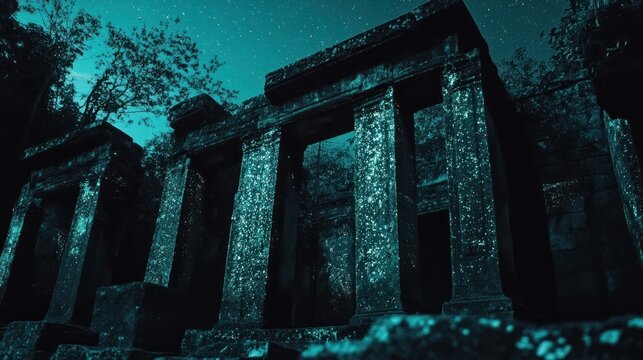 Ancient ruins under a starry night sky