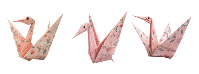 Elegant Origami Swans with Floral Patterns in Soft Colors Against Black Background