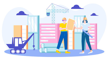 Two architects review building plans near a crane and excavator, suitable for construction and architecture related projects and presentations.