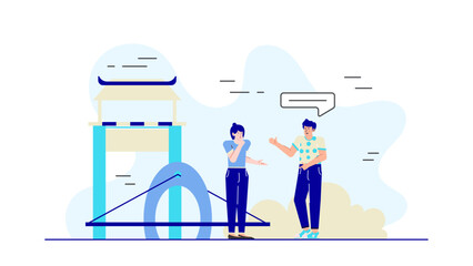 Two people converse near a stylized bridge structure. Ideal for business articles, communication themes, social networking concepts, or relationship discussions.