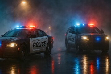 Dramatic nighttime police pursuit scene featuring patrol vehicle with emergency lights through fog-covered urban streets