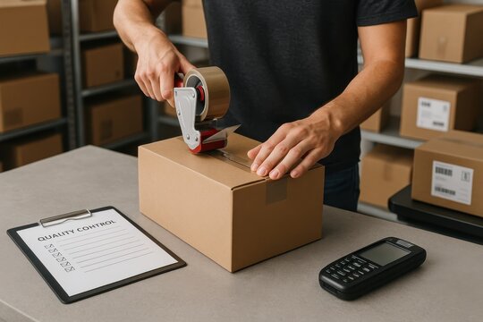 E-commerce warehouse worker carefully sealing cardboard shipping box with precision tape application for secure delivery