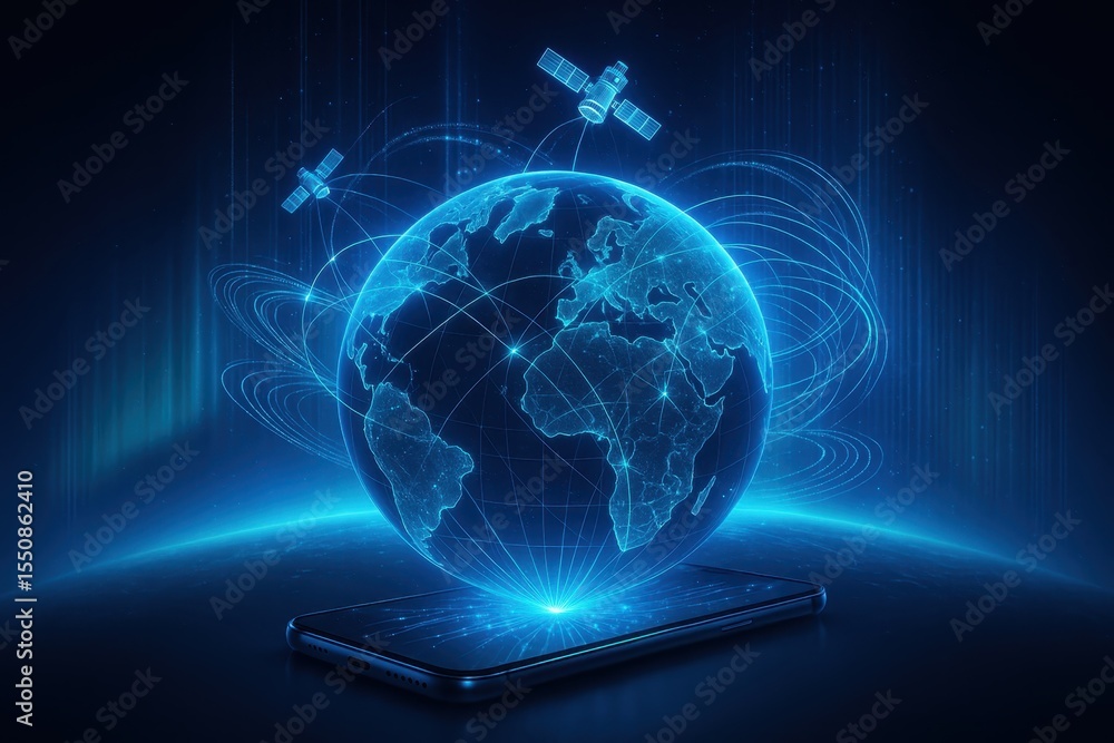 Aufkleber global communication network visualization showing smartphone connecting to satellite constellation 
